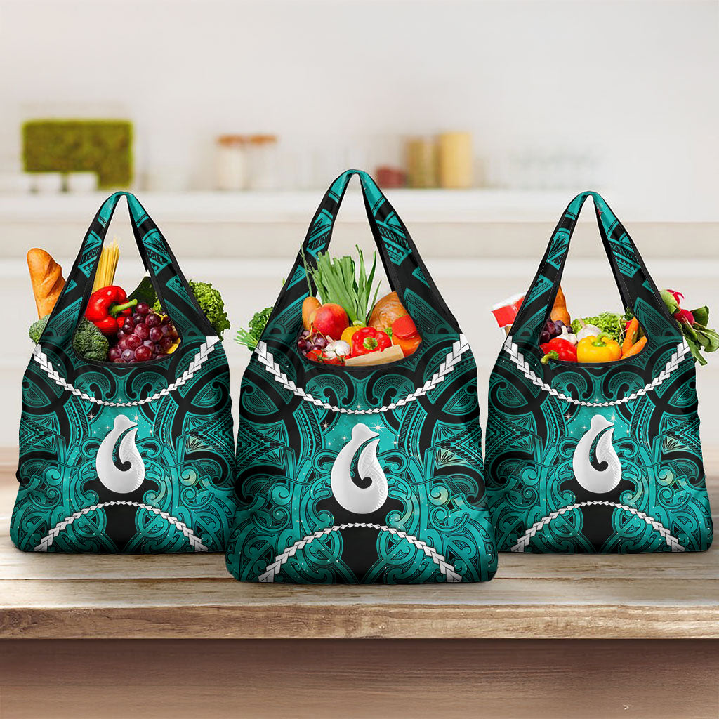 Maori Matariki Hei Matau Turquoise Grocery Bag Maori Kowhaiwhai Pattern Galaxy