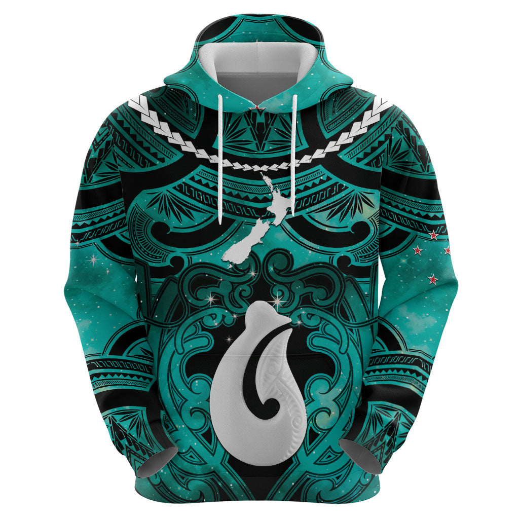 Personalised Maori Matariki Hei Matau Turquoise Hoodie Maori Kowhaiwhai Pattern Galaxy