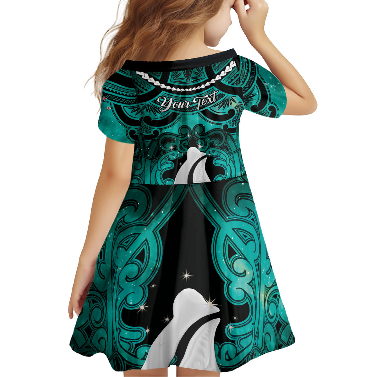 Personalised Maori Matariki Hei Matau Turquoise Kid Short Sleeve Dress Maori Kowhaiwhai Pattern Galaxy