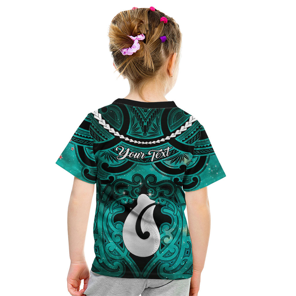 Personalised Maori Matariki Hei Matau Turquoise Kid T Shirt Maori Kowhaiwhai Pattern Galaxy LT01 - Polynesian Pride