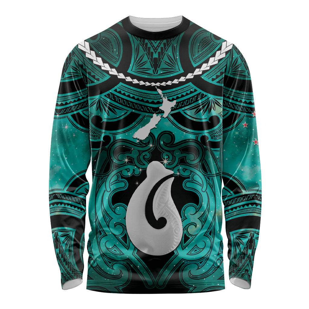 Personalised Maori Matariki Hei Matau Turquoise Long Sleeve Shirt Maori Kowhaiwhai Pattern Galaxy
