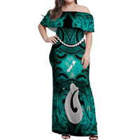 Personalised Maori Matariki Hei Matau Turquoise Off Shoulder Maxi Dress Maori Kowhaiwhai Pattern Galaxy