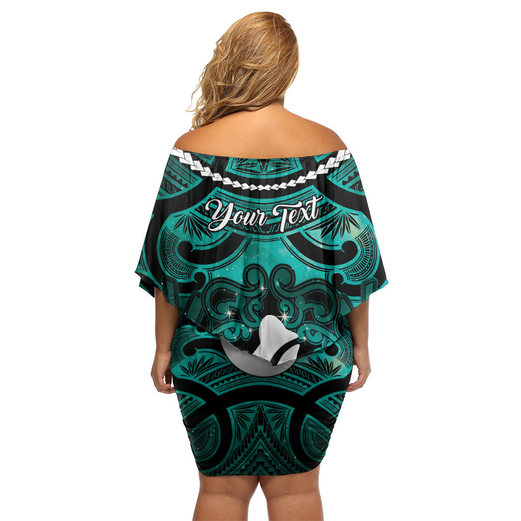 Personalised Maori Matariki Hei Matau Turquoise Off Shoulder Short Dress Maori Kowhaiwhai Pattern Galaxy