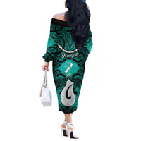 Personalised Maori Matariki Hei Matau Turquoise Off The Shoulder Long Sleeve Dress Maori Kowhaiwhai Pattern Galaxy LT01 - Polynesian Pride