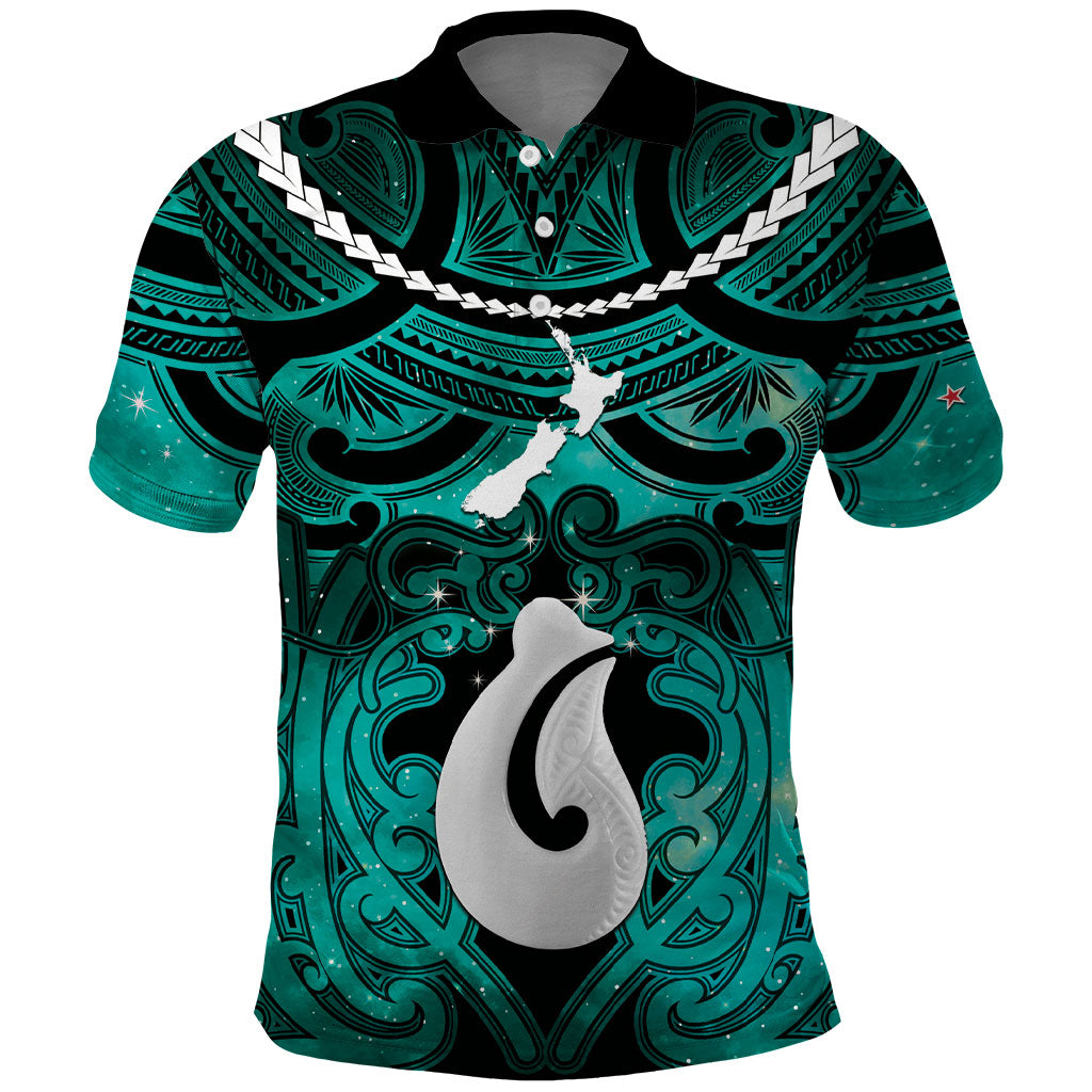 Personalised Maori Matariki Hei Matau Turquoise Polo Shirt Maori Kowhaiwhai Pattern Galaxy