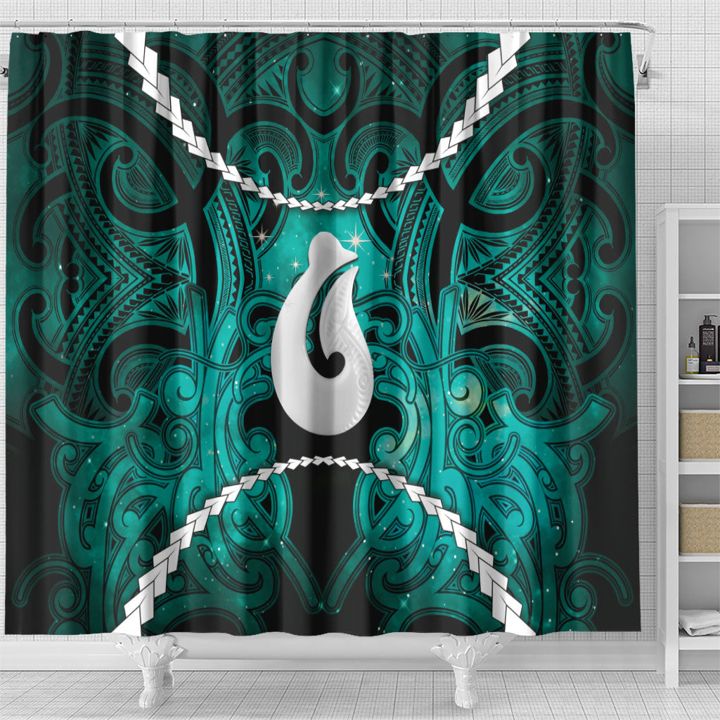 Maori Matariki Hei Matau Turquoise Shower Curtain Maori Kowhaiwhai Pattern Galaxy