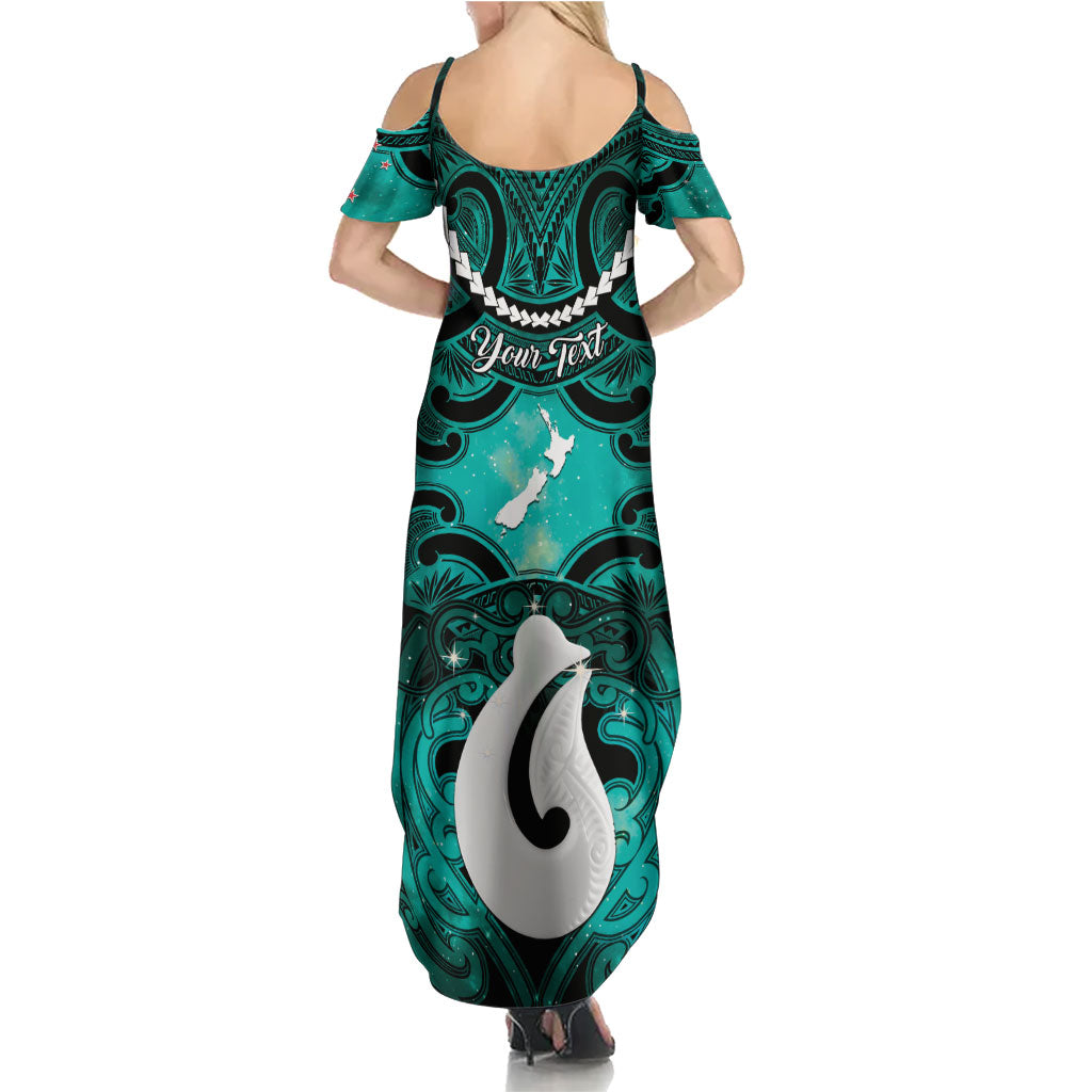 Personalised Maori Matariki Hei Matau Turquoise Summer Maxi Dress Maori Kowhaiwhai Pattern Galaxy