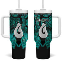 Personalised Maori Matariki Hei Matau Turquoise Tumbler With Handle Maori Kowhaiwhai Pattern Galaxy LT01 One Size: 40 oz Turquoise - Polynesian Pride