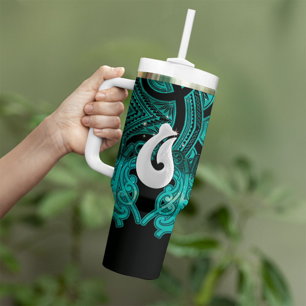 Personalised Maori Matariki Hei Matau Turquoise Tumbler With Handle Maori Kowhaiwhai Pattern Galaxy LT01 - Polynesian Pride