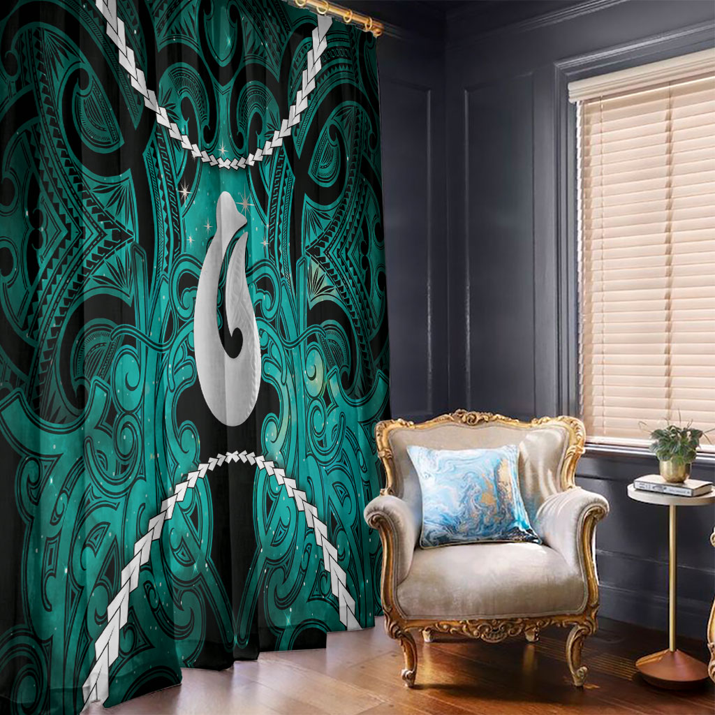 Maori Matariki Hei Matau Turquoise Window Curtain Maori Kowhaiwhai Pattern Galaxy