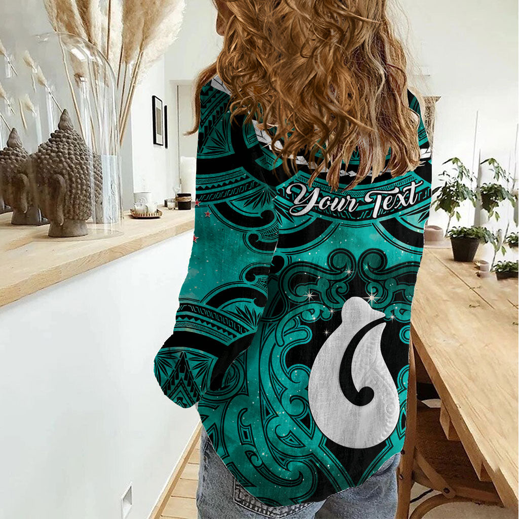 Personalised Maori Matariki Hei Matau Turquoise Women Casual Shirt Maori Kowhaiwhai Pattern Galaxy LT01 - Polynesian Pride