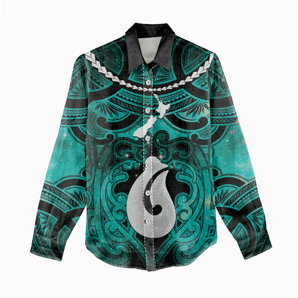 Personalised Maori Matariki Hei Matau Turquoise Women Casual Shirt Maori Kowhaiwhai Pattern Galaxy LT01 - Polynesian Pride