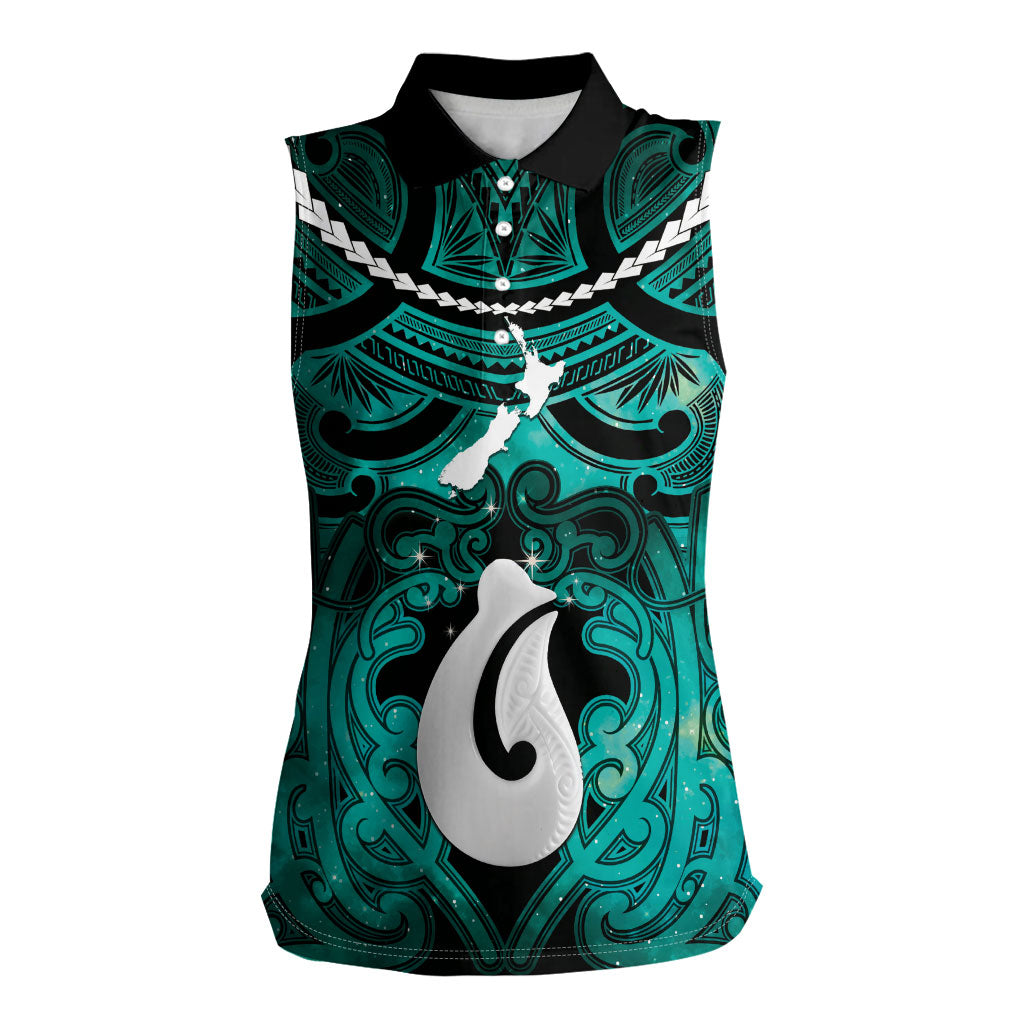 Personalised Maori Matariki Hei Matau Turquoise Women Sleeveless Polo Shirt Maori Kowhaiwhai Pattern Galaxy LT01 Female Turquoise - Polynesian Pride