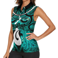 Personalised Maori Matariki Hei Matau Turquoise Women Sleeveless Polo Shirt Maori Kowhaiwhai Pattern Galaxy LT01 - Polynesian Pride