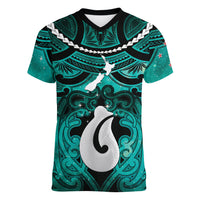 Personalised Maori Matariki Hei Matau Turquoise Women V-Neck T-Shirt Maori Kowhaiwhai Pattern Galaxy LT01 Female Turquoise - Polynesian Pride