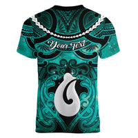 Personalised Maori Matariki Hei Matau Turquoise Women V-Neck T-Shirt Maori Kowhaiwhai Pattern Galaxy LT01 - Polynesian Pride