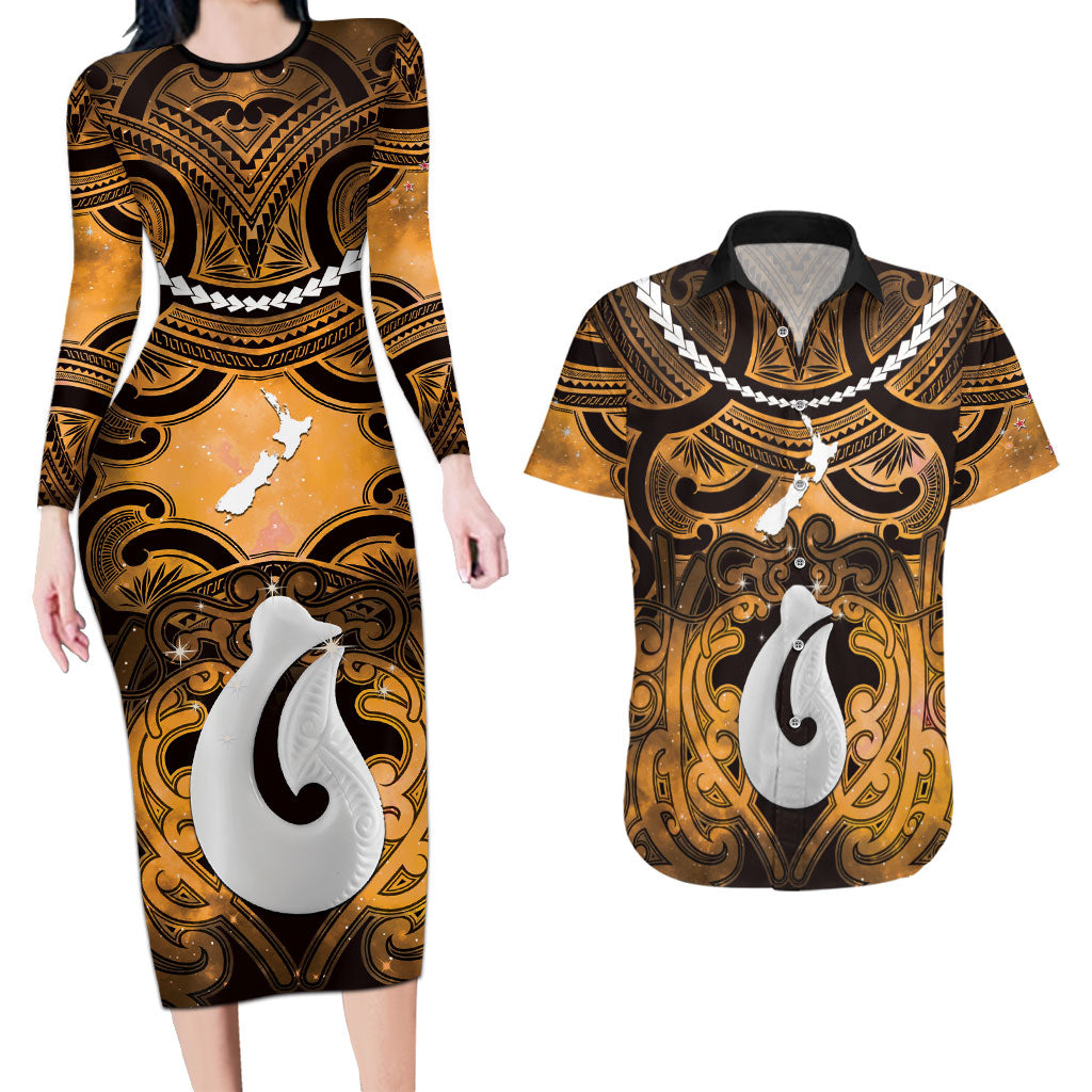 Personalised Maori Matariki Hei Matau Kowhai Couples Matching Long Sleeve Bodycon Dress and Hawaiian Shirt Maori Kowhaiwhai Pattern Galaxy LT01 Yellow - Polynesian Pride