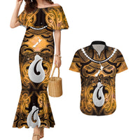 Personalised Maori Matariki Hei Matau Kowhai Couples Matching Mermaid Dress and Hawaiian Shirt Maori Kowhaiwhai Pattern Galaxy LT01 Yellow - Polynesian Pride