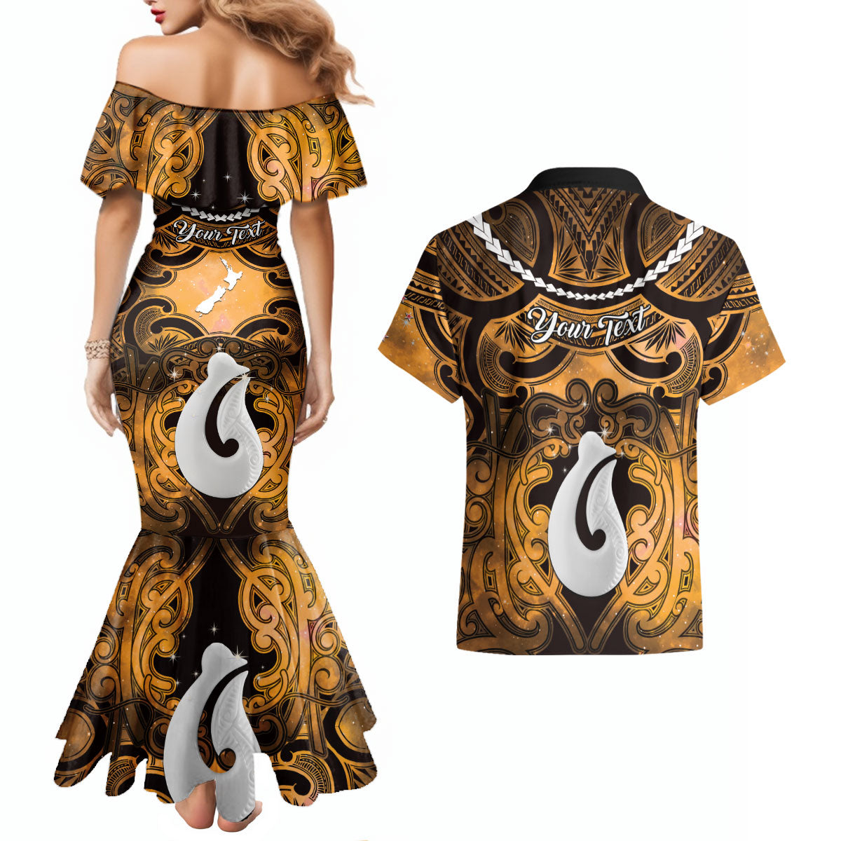 Personalised Maori Matariki Hei Matau Kowhai Couples Matching Mermaid Dress and Hawaiian Shirt Maori Kowhaiwhai Pattern Galaxy LT01 - Polynesian Pride
