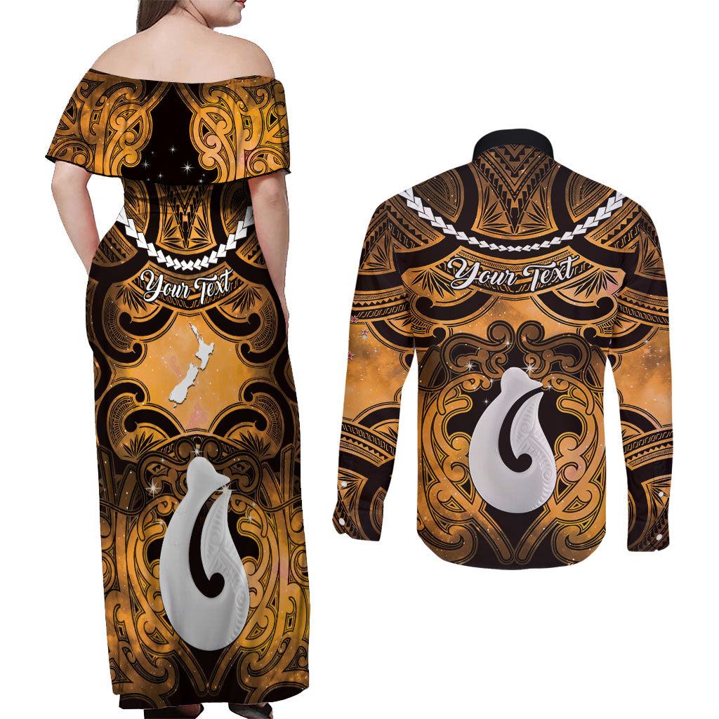 Personalised Maori Matariki Hei Matau Kowhai Couples Matching Off Shoulder Maxi Dress and Long Sleeve Button Shirt Maori Kowhaiwhai Pattern Galaxy LT01 - Polynesian Pride