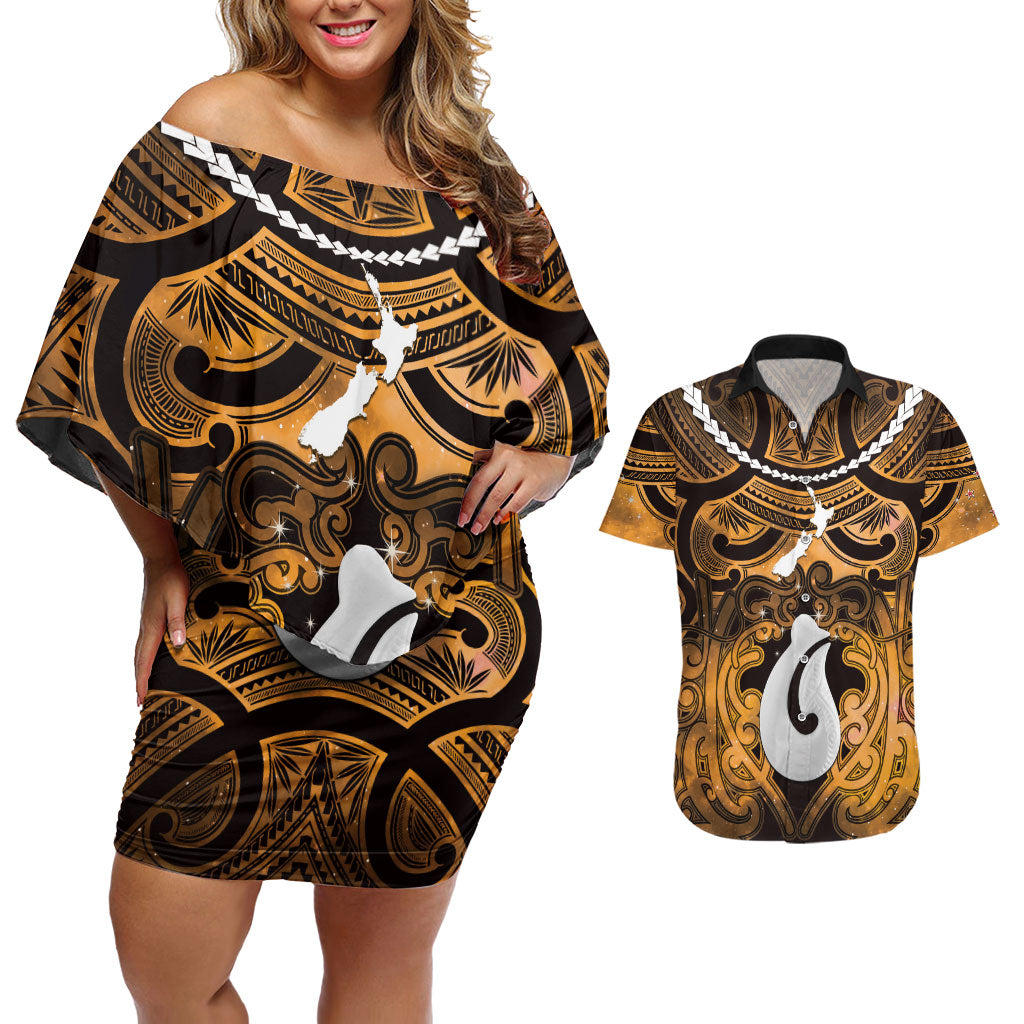 Personalised Maori Matariki Hei Matau Kowhai Couples Matching Off Shoulder Short Dress and Hawaiian Shirt Maori Kowhaiwhai Pattern Galaxy