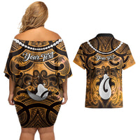 Personalised Maori Matariki Hei Matau Kowhai Couples Matching Off Shoulder Short Dress and Hawaiian Shirt Maori Kowhaiwhai Pattern Galaxy LT01 - Polynesian Pride