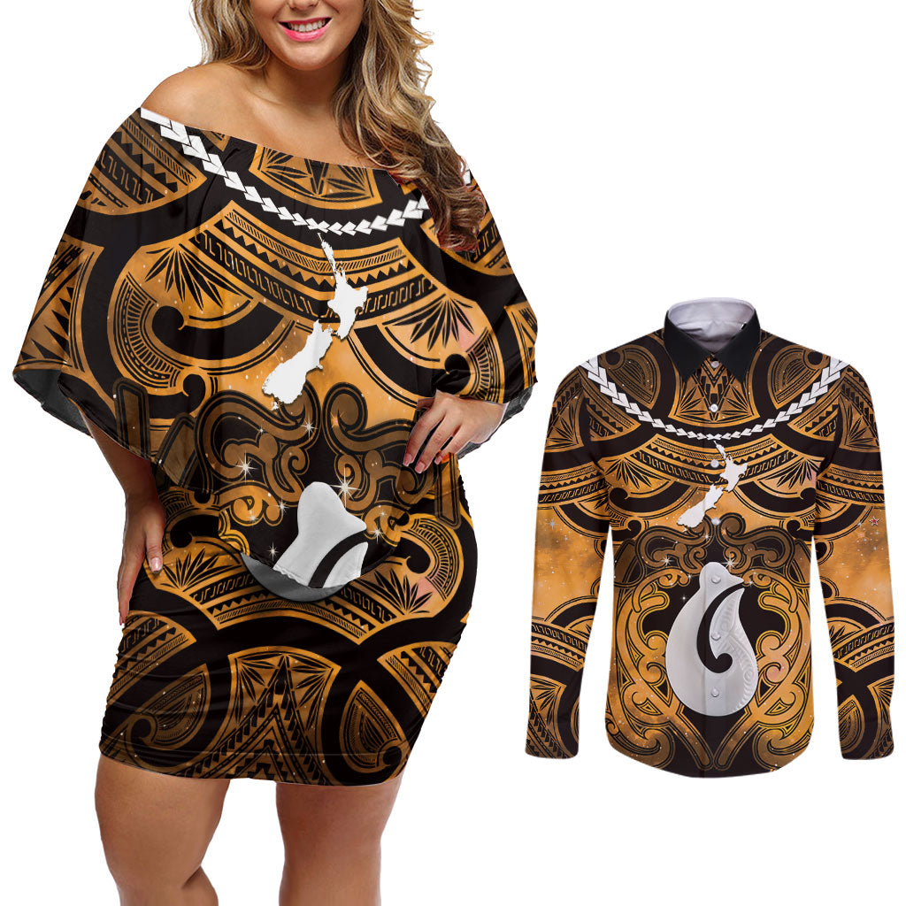 Personalised Maori Matariki Hei Matau Kowhai Couples Matching Off Shoulder Short Dress and Long Sleeve Button Shirt Maori Kowhaiwhai Pattern Galaxy