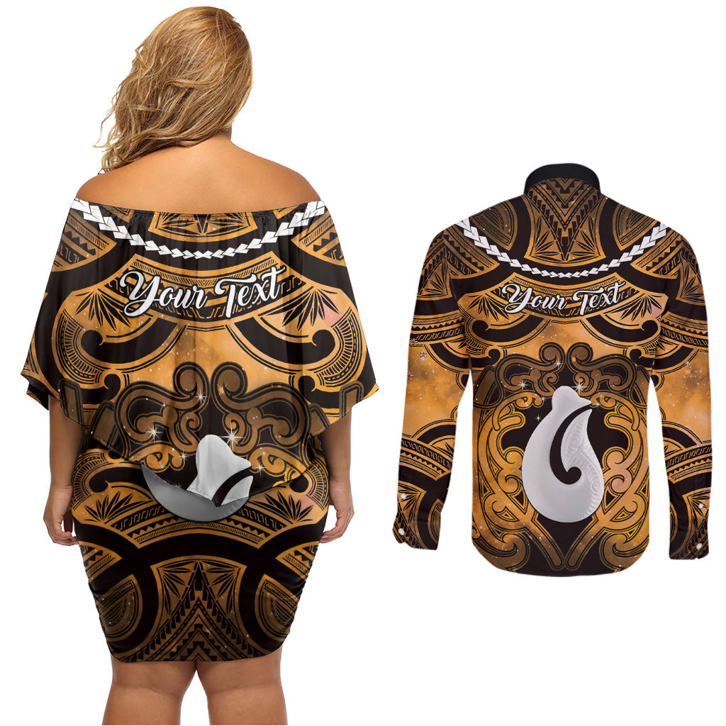 Personalised Maori Matariki Hei Matau Kowhai Couples Matching Off Shoulder Short Dress and Long Sleeve Button Shirt Maori Kowhaiwhai Pattern Galaxy LT01 - Polynesian Pride