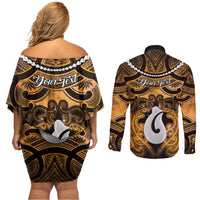 Personalised Maori Matariki Hei Matau Kowhai Couples Matching Off Shoulder Short Dress and Long Sleeve Button Shirt Maori Kowhaiwhai Pattern Galaxy LT01 - Polynesian Pride