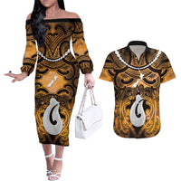 Personalised Maori Matariki Hei Matau Kowhai Couples Matching Off The Shoulder Long Sleeve Dress and Hawaiian Shirt Maori Kowhaiwhai Pattern Galaxy LT01 Yellow - Polynesian Pride