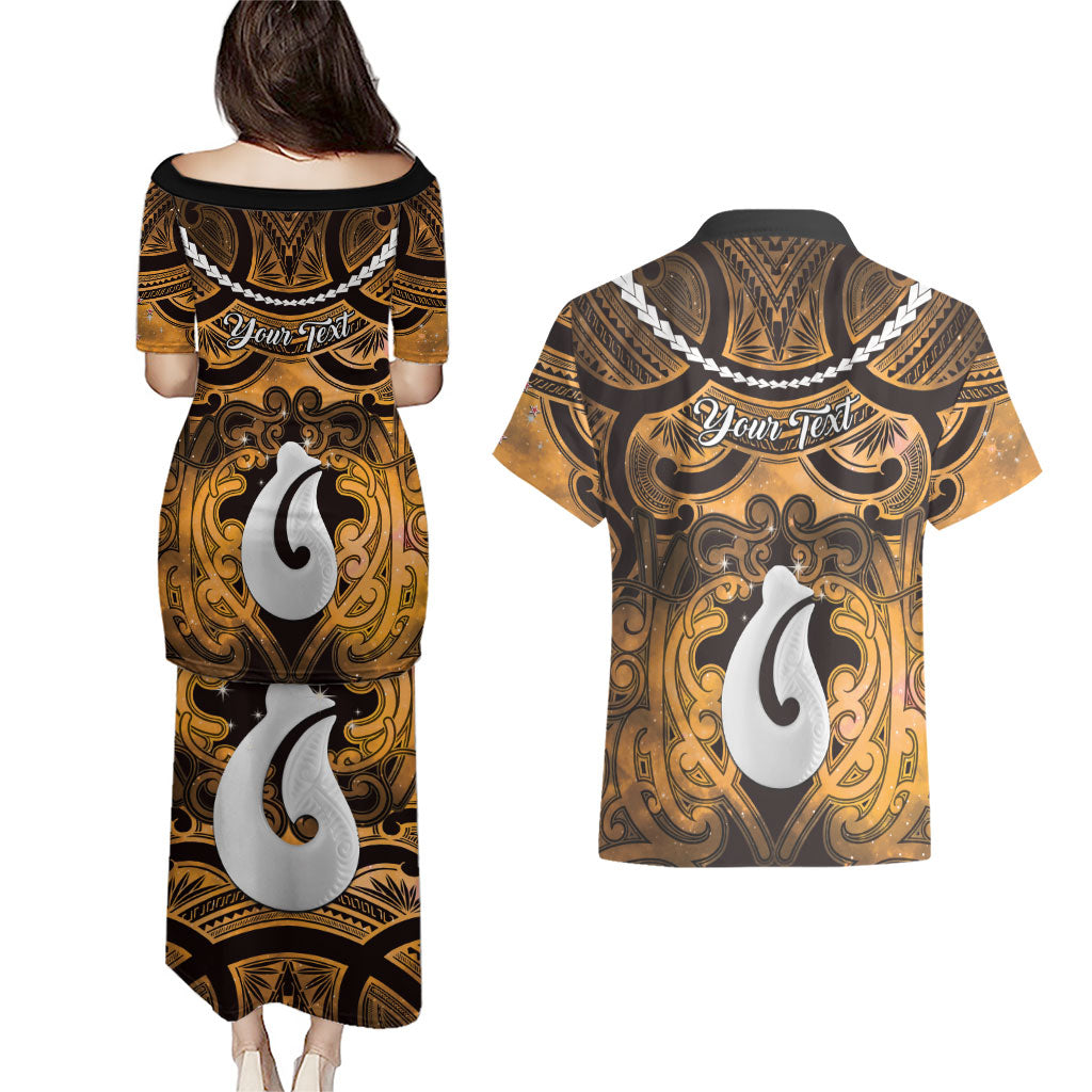 Personalised Maori Matariki Hei Matau Kowhai Couples Matching Puletasi and Hawaiian Shirt Maori Kowhaiwhai Pattern Galaxy LT01 - Polynesian Pride