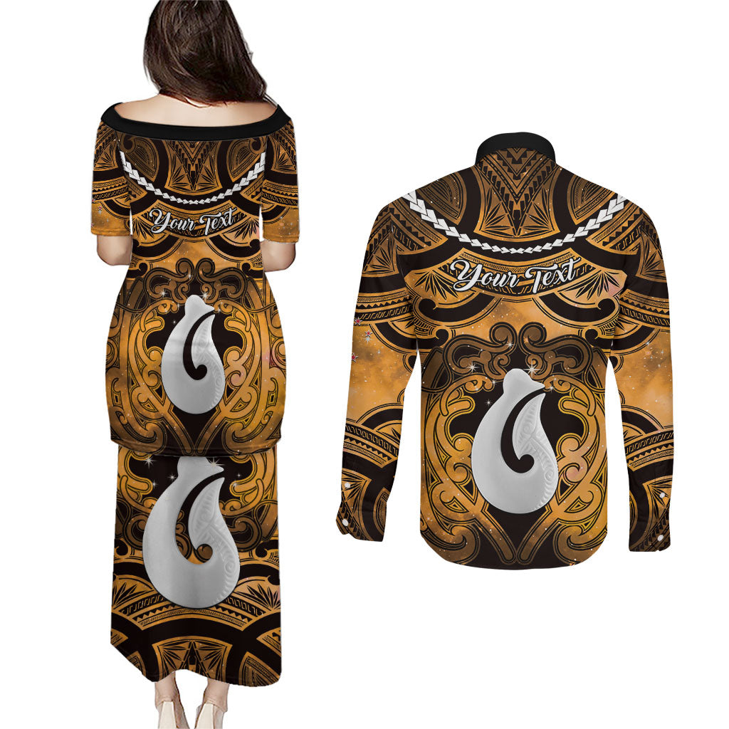 Personalised Maori Matariki Hei Matau Kowhai Couples Matching Puletasi and Long Sleeve Button Shirt Maori Kowhaiwhai Pattern Galaxy LT01 - Polynesian Pride