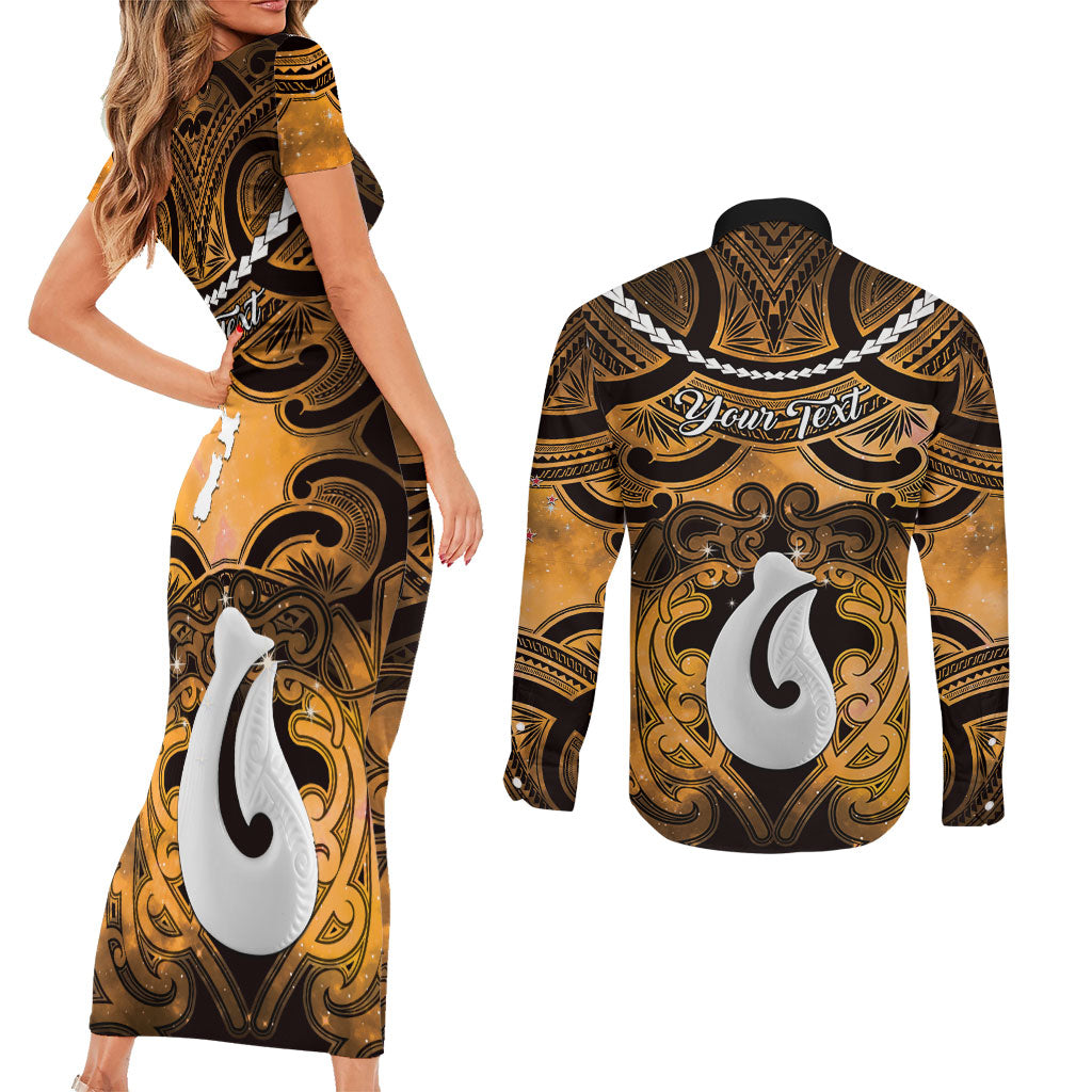 Personalised Maori Matariki Hei Matau Kowhai Couples Matching Short Sleeve Bodycon Dress and Long Sleeve Button Shirt Maori Kowhaiwhai Pattern Galaxy LT01 - Polynesian Pride