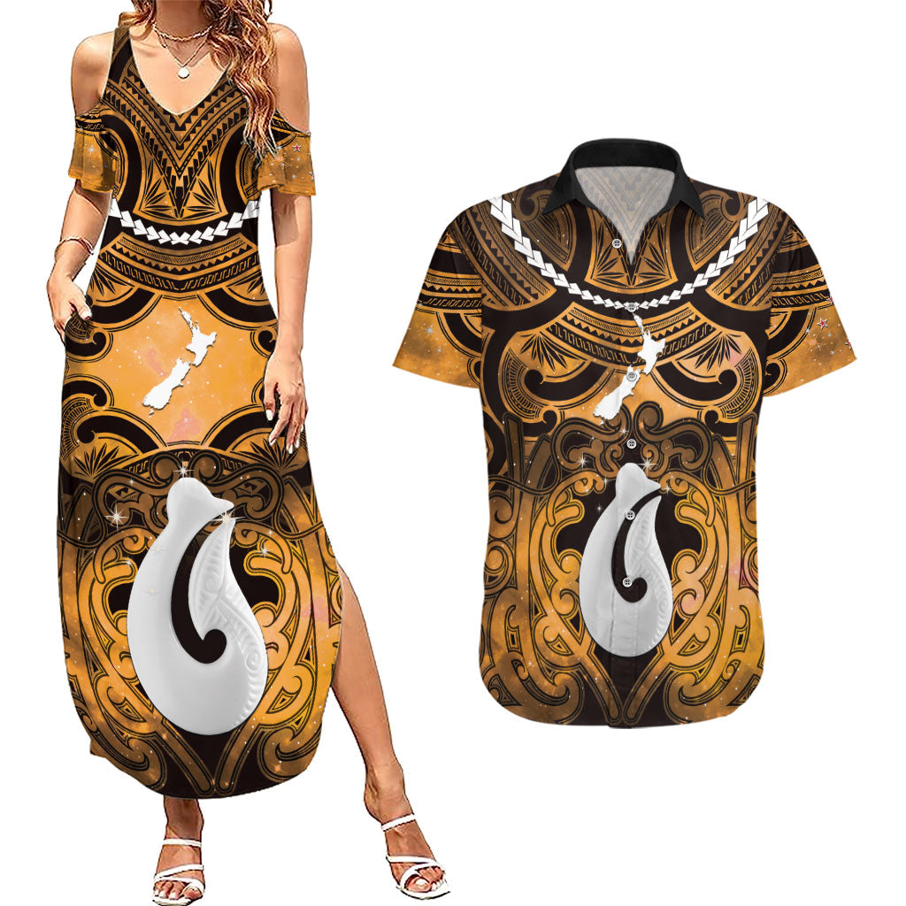 Personalised Maori Matariki Hei Matau Kowhai Couples Matching Summer Maxi Dress and Hawaiian Shirt Maori Kowhaiwhai Pattern Galaxy LT01 Yellow - Polynesian Pride