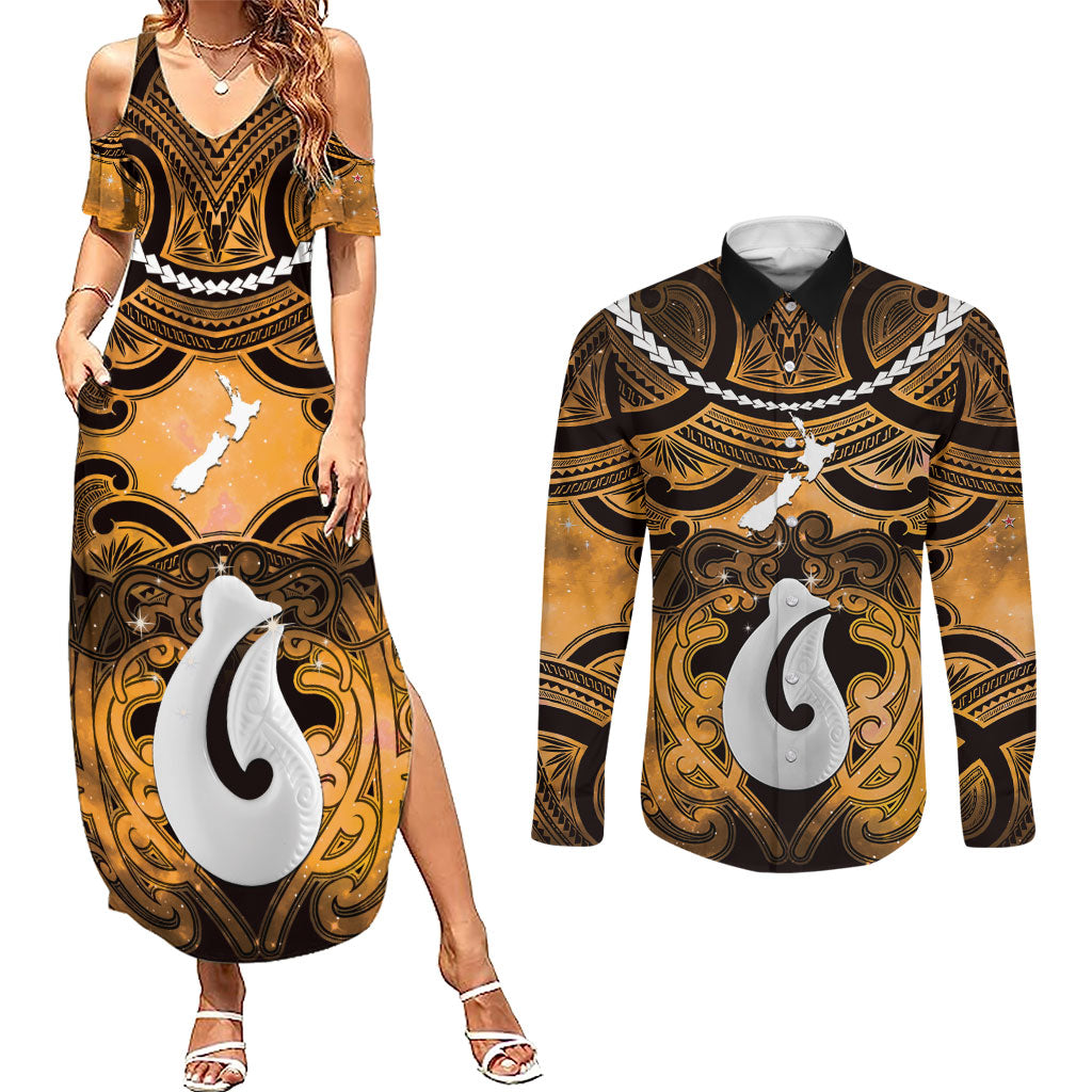 Personalised Maori Matariki Hei Matau Kowhai Couples Matching Summer Maxi Dress and Long Sleeve Button Shirt Maori Kowhaiwhai Pattern Galaxy LT01 Yellow - Polynesian Pride