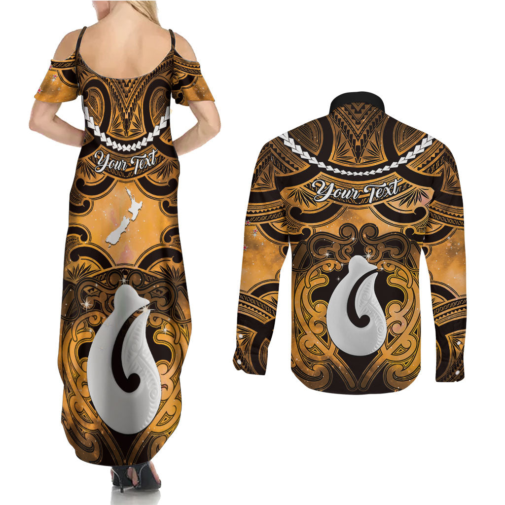 Personalised Maori Matariki Hei Matau Kowhai Couples Matching Summer Maxi Dress and Long Sleeve Button Shirt Maori Kowhaiwhai Pattern Galaxy LT01 - Polynesian Pride