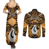 Personalised Maori Matariki Hei Matau Kowhai Couples Matching Summer Maxi Dress and Long Sleeve Button Shirt Maori Kowhaiwhai Pattern Galaxy LT01 - Polynesian Pride
