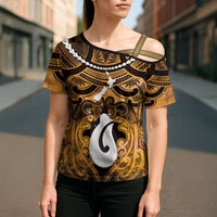 Personalised Maori Matariki Hei Matau Kowhai Cross Shoulder Shirt Maori Kowhaiwhai Pattern Galaxy