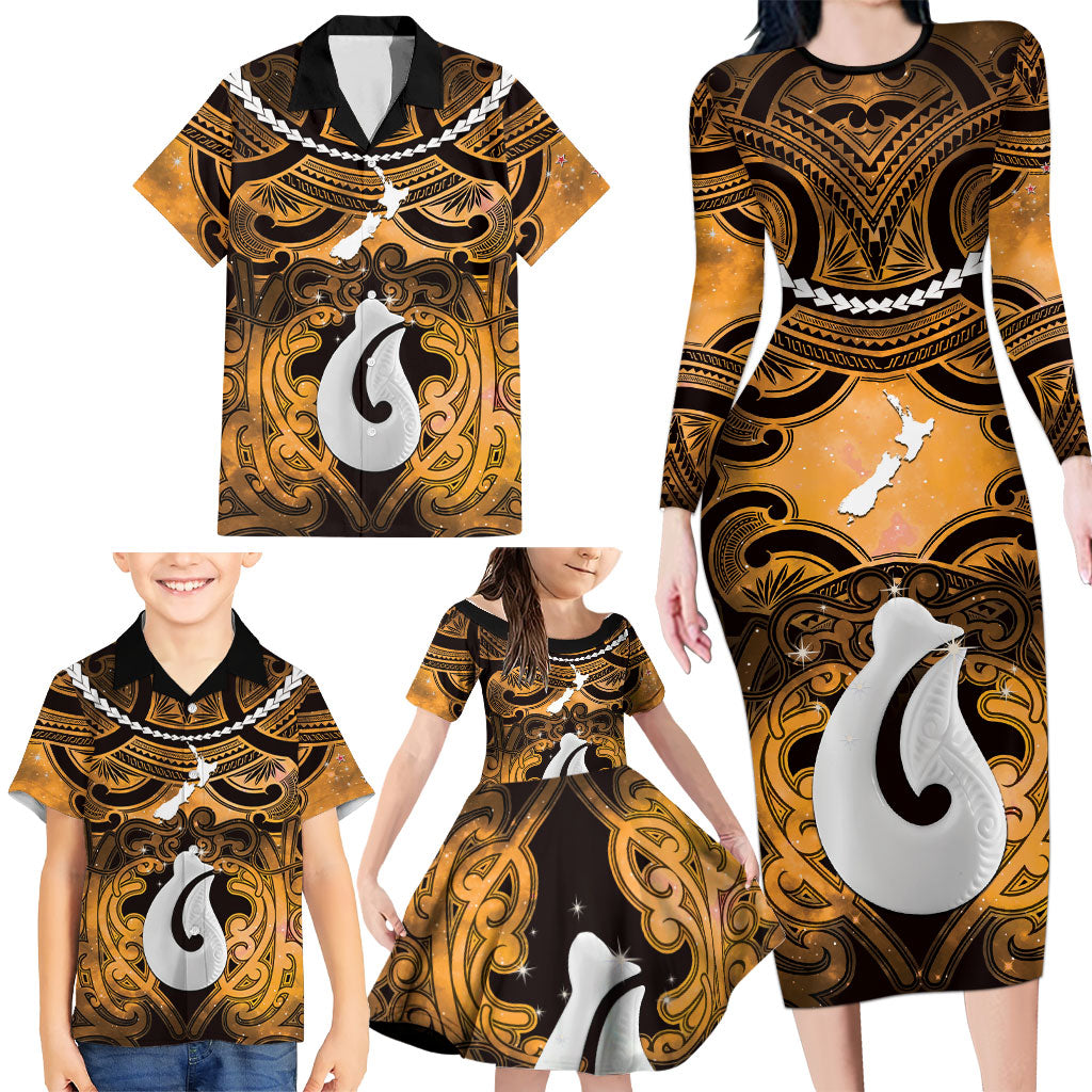 Personalised Maori Matariki Hei Matau Kowhai Family Matching Long Sleeve Bodycon Dress and Hawaiian Shirt Maori Kowhaiwhai Pattern Galaxy LT01 - Polynesian Pride