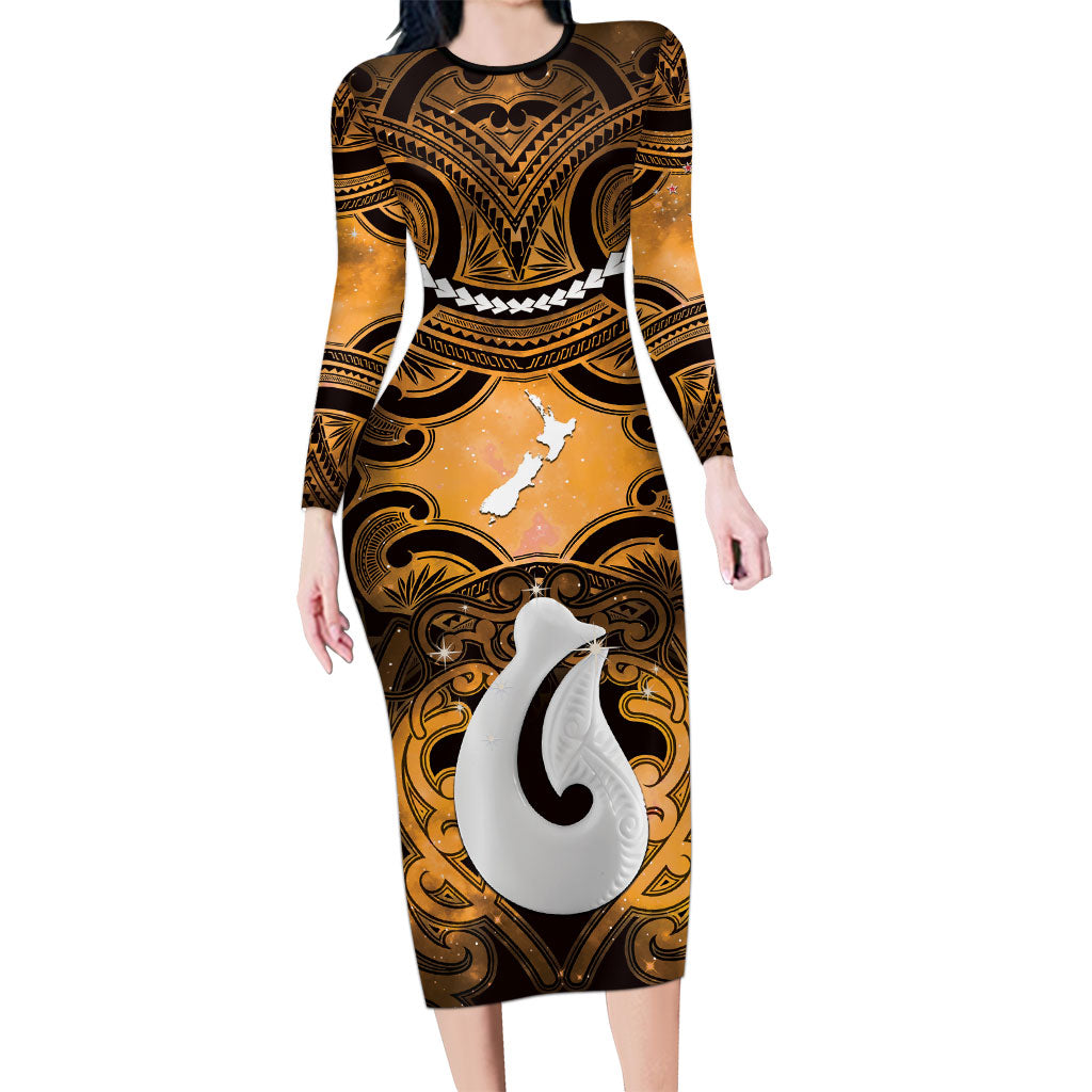 Personalised Maori Matariki Hei Matau Kowhai Family Matching Long Sleeve Bodycon Dress and Hawaiian Shirt Maori Kowhaiwhai Pattern Galaxy LT01 Mom's Dress Yellow - Polynesian Pride
