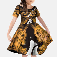 Personalised Maori Matariki Hei Matau Kowhai Family Matching Mermaid Dress and Hawaiian Shirt Maori Kowhaiwhai Pattern Galaxy LT01 Daughter's Dress Yellow - Polynesian Pride