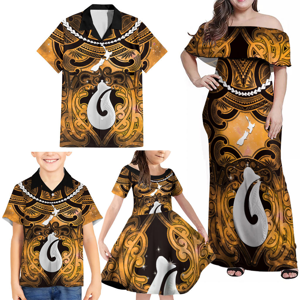 Personalised Maori Matariki Hei Matau Kowhai Family Matching Off Shoulder Maxi Dress and Hawaiian Shirt Maori Kowhaiwhai Pattern Galaxy LT01 - Polynesian Pride