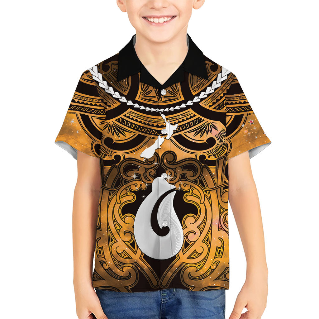 Personalised Maori Matariki Hei Matau Kowhai Family Matching Off Shoulder Maxi Dress and Hawaiian Shirt Maori Kowhaiwhai Pattern Galaxy LT01 Son's Shirt Yellow - Polynesian Pride