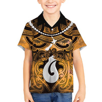 Personalised Maori Matariki Hei Matau Kowhai Family Matching Off Shoulder Maxi Dress and Hawaiian Shirt Maori Kowhaiwhai Pattern Galaxy LT01 Son's Shirt Yellow - Polynesian Pride