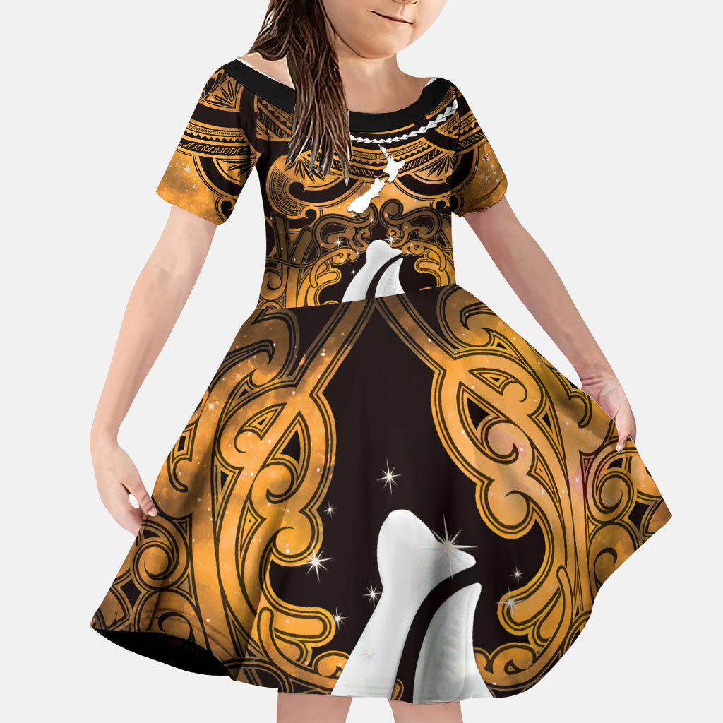 Personalised Maori Matariki Hei Matau Kowhai Family Matching Off Shoulder Short Dress and Hawaiian Shirt Maori Kowhaiwhai Pattern Galaxy LT01 Daughter's Dress Yellow - Polynesian Pride