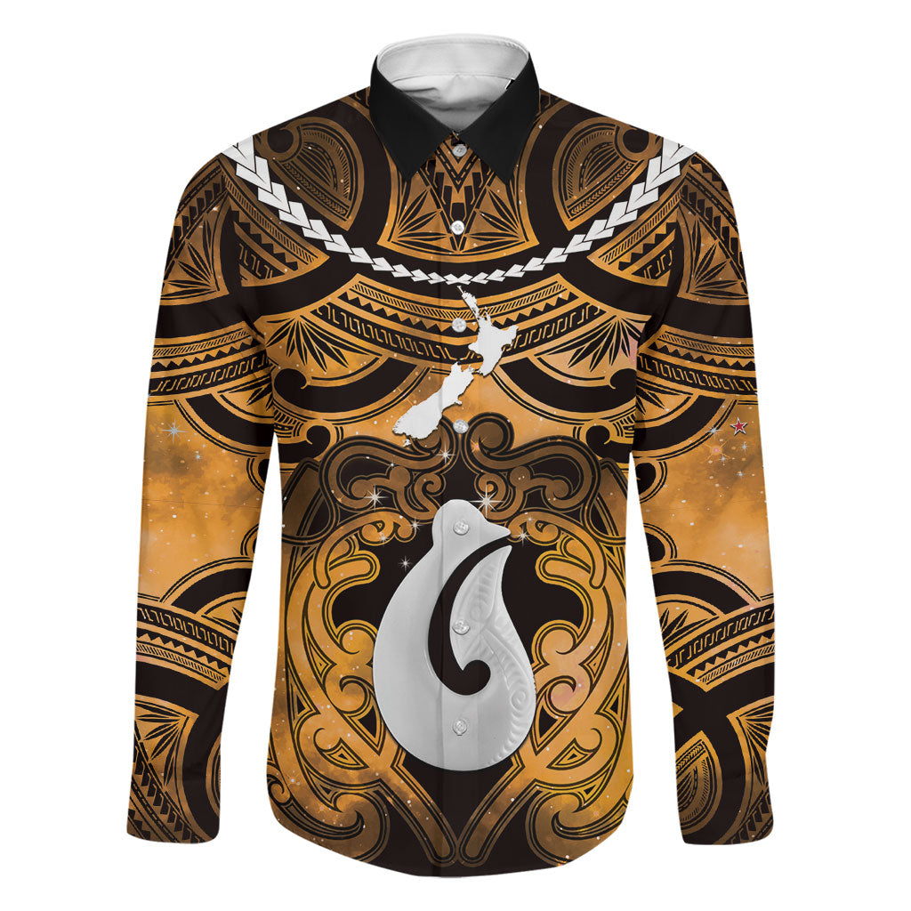 Personalised Maori Matariki Hei Matau Kowhai Family Matching Off Shoulder Short Dress and Hawaiian Shirt Maori Kowhaiwhai Pattern Galaxy LT01 Dad's Shirt - Long Sleeve Yellow - Polynesian Pride