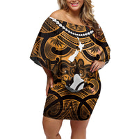 Personalised Maori Matariki Hei Matau Kowhai Family Matching Off Shoulder Short Dress and Hawaiian Shirt Maori Kowhaiwhai Pattern Galaxy LT01 Mom's Dress Yellow - Polynesian Pride
