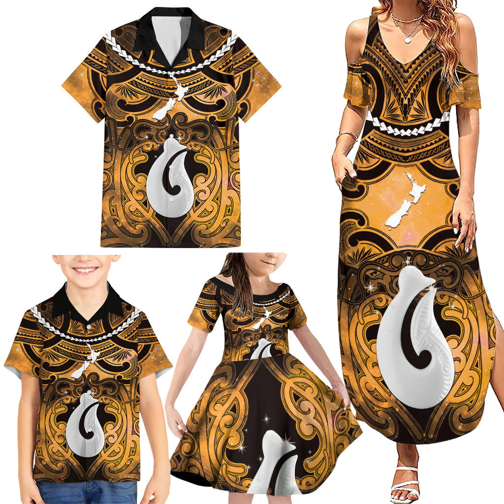 Personalised Maori Matariki Hei Matau Kowhai Family Matching Summer Maxi Dress and Hawaiian Shirt Maori Kowhaiwhai Pattern Galaxy