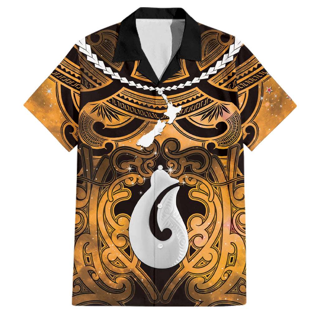 Personalised Maori Matariki Hei Matau Kowhai Family Matching Summer Maxi Dress and Hawaiian Shirt Maori Kowhaiwhai Pattern Galaxy LT01 Dad's Shirt - Short Sleeve Yellow - Polynesian Pride