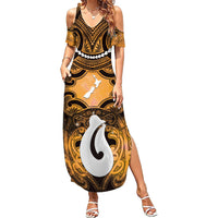 Personalised Maori Matariki Hei Matau Kowhai Family Matching Summer Maxi Dress and Hawaiian Shirt Maori Kowhaiwhai Pattern Galaxy LT01 Mom's Dress Yellow - Polynesian Pride